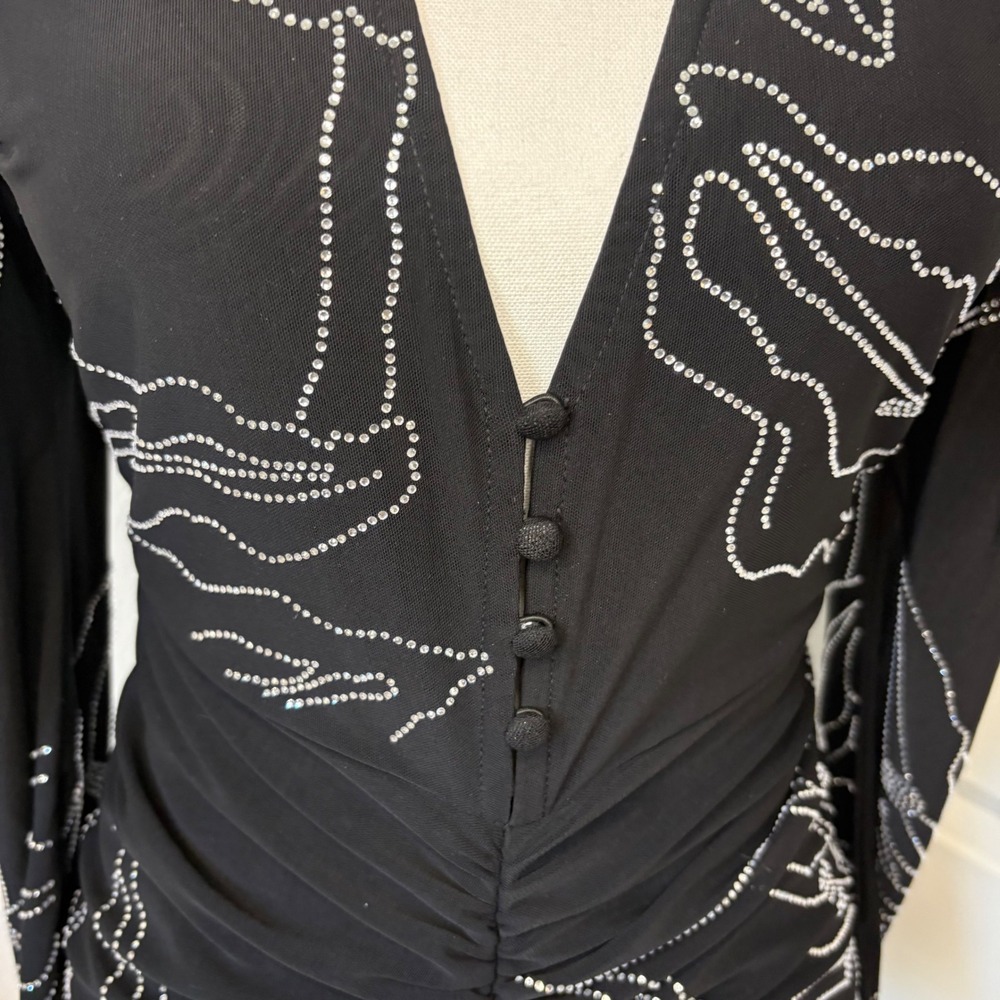 Rococo Sand Dream Black Rhinestone Floral Ruched Midi Dress Long Sleeve V-Neck S - Picture 4 of 8